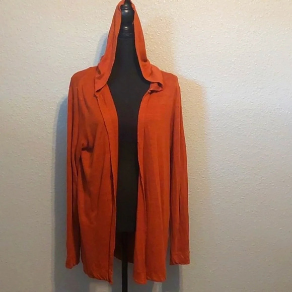 Tahari Linen open front Hooded Cardigan Rust Orange size Large Lagenlook luxury - Picture 1 of 6